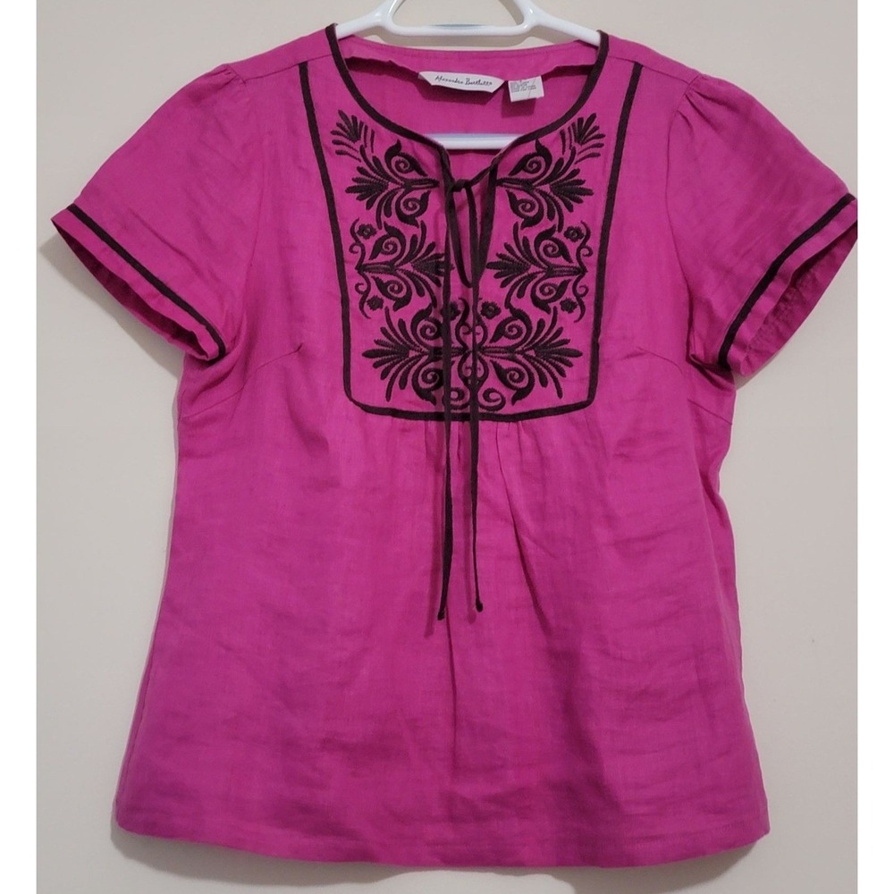 Alexandra Bartlett Pink Linen Embroidered Tie Neck Short Sleeve‎ Top Size S